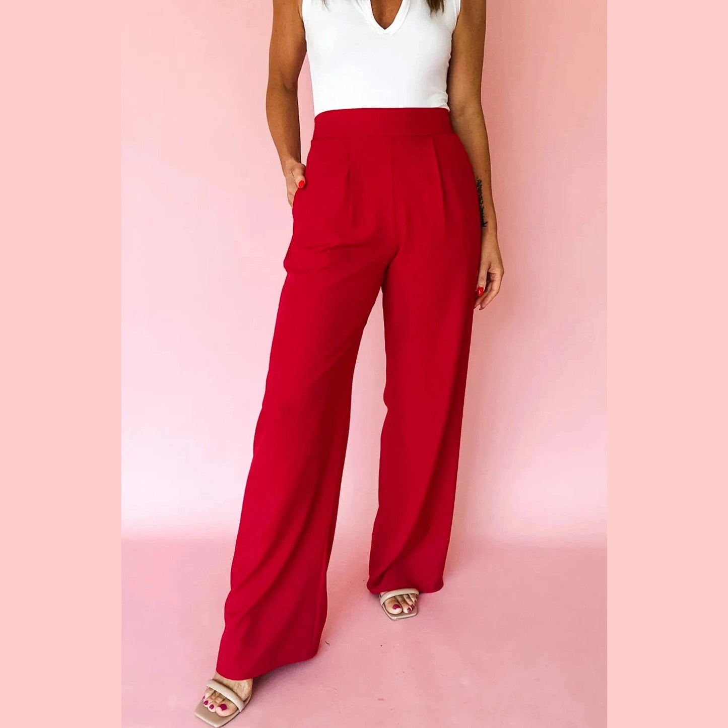 Rudra Red Pleated Detail Pull On High Elastic Waist Loose Straight Pants