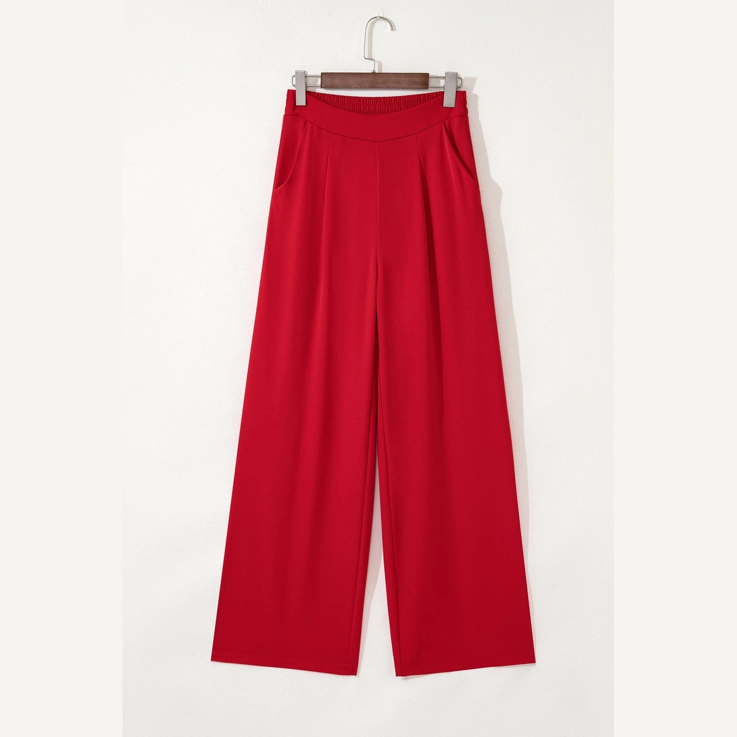 Rudra Red Pleated Detail Pull On High Elastic Waist Loose Straight Pants