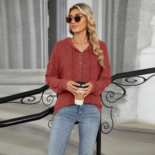 Tahlia Rust Half Button Drawstring Hooded Top
