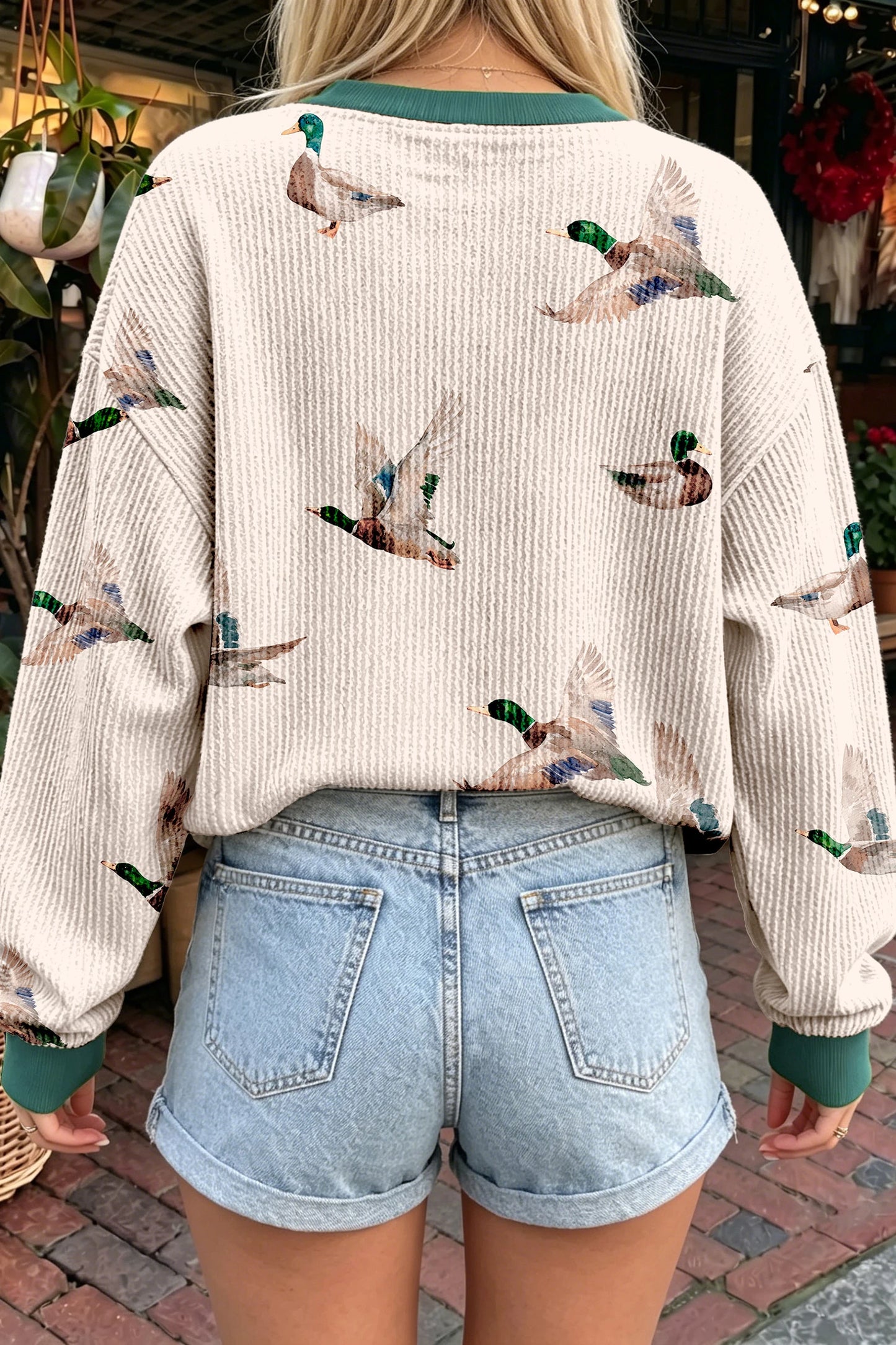 Ryanne Twisted Ribbed Duck Print Crewneck Casual Pullover Top