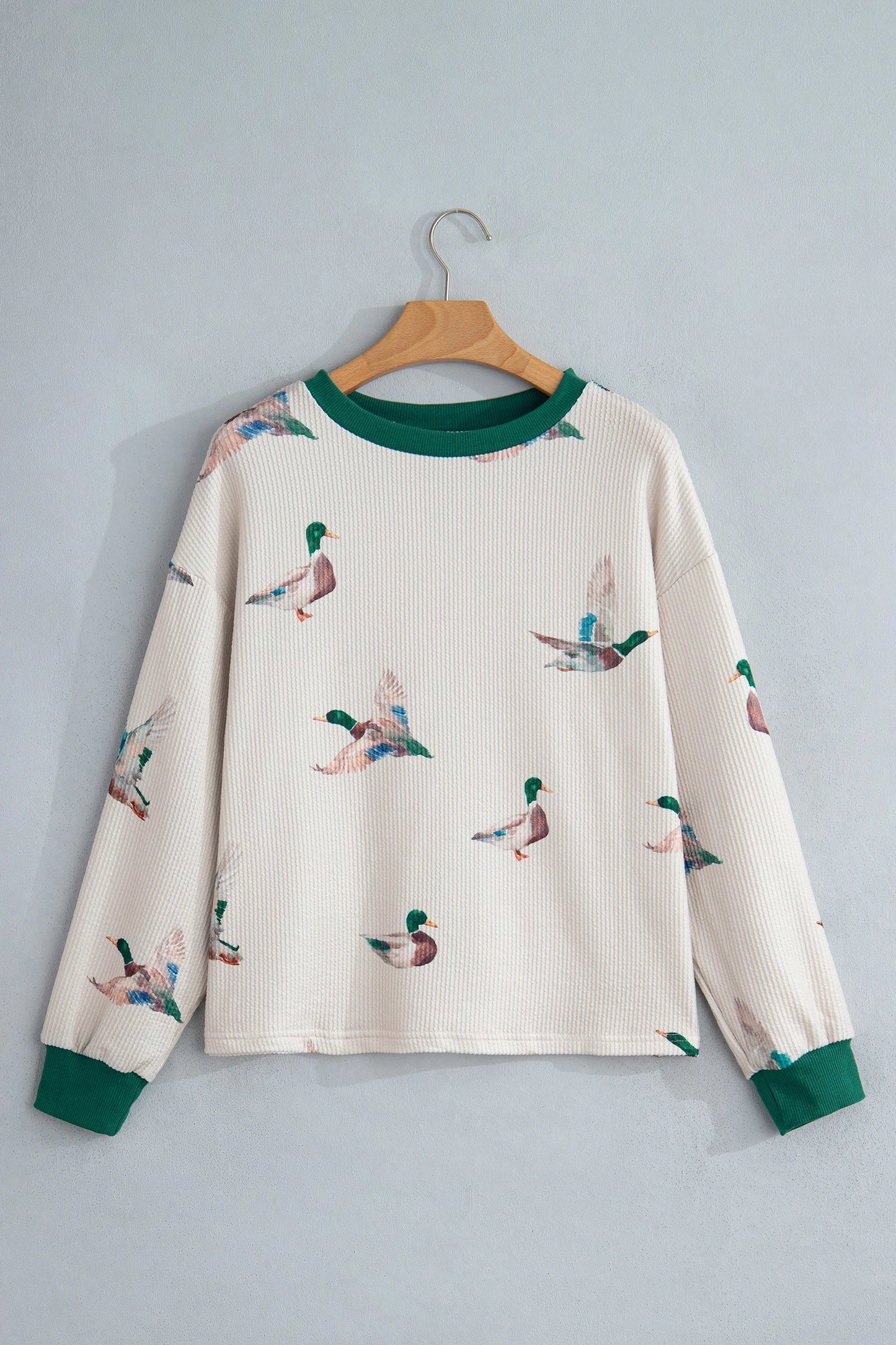 Ryanne Twisted Ribbed Duck Print Crewneck Casual Pullover Top