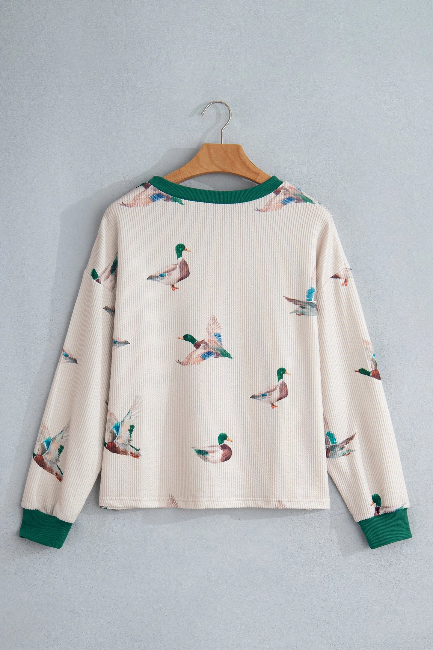 Ryanne Twisted Ribbed Duck Print Crewneck Casual Pullover Top