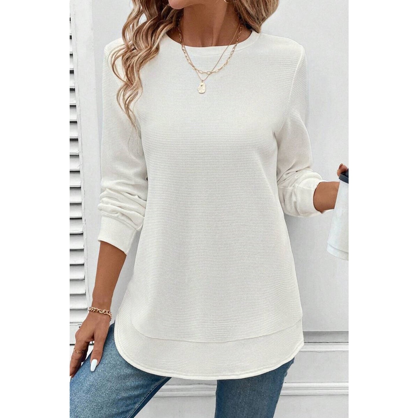 Rylee White Rounded Hem Waffle Long Sleeve Top