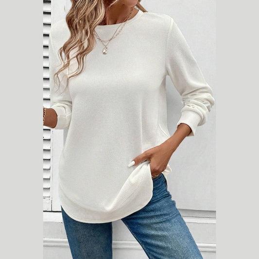 Rylee White Rounded Hem Waffle Long Sleeve Top