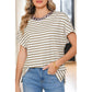 Sharma Khaki Stripe Leopard Patchwork Round Neck Loose T Shirt