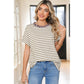 Sharma Khaki Stripe Leopard Patchwork Round Neck Loose T Shirt