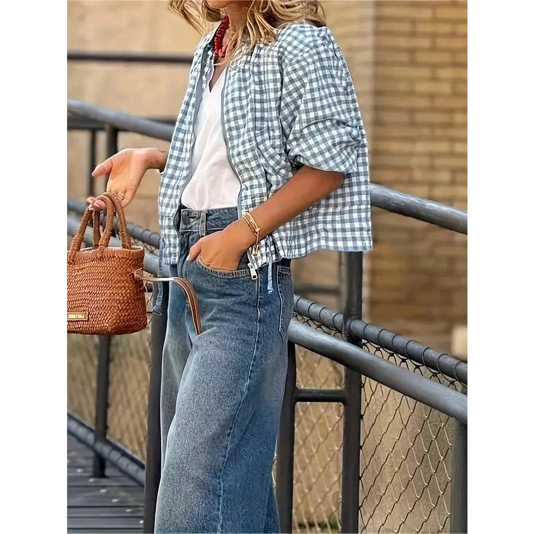 Sheryn Blue Plaid Zip Up Baseball Jacket