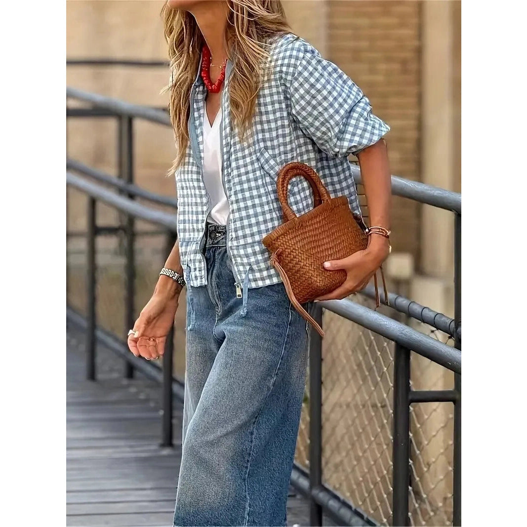 Sheryn Blue Plaid Zip Up Baseball Jacket