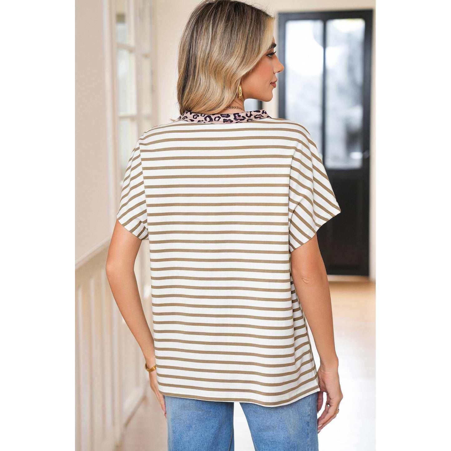 Sharma Khaki Stripe Leopard Patchwork Round Neck Loose T Shirt