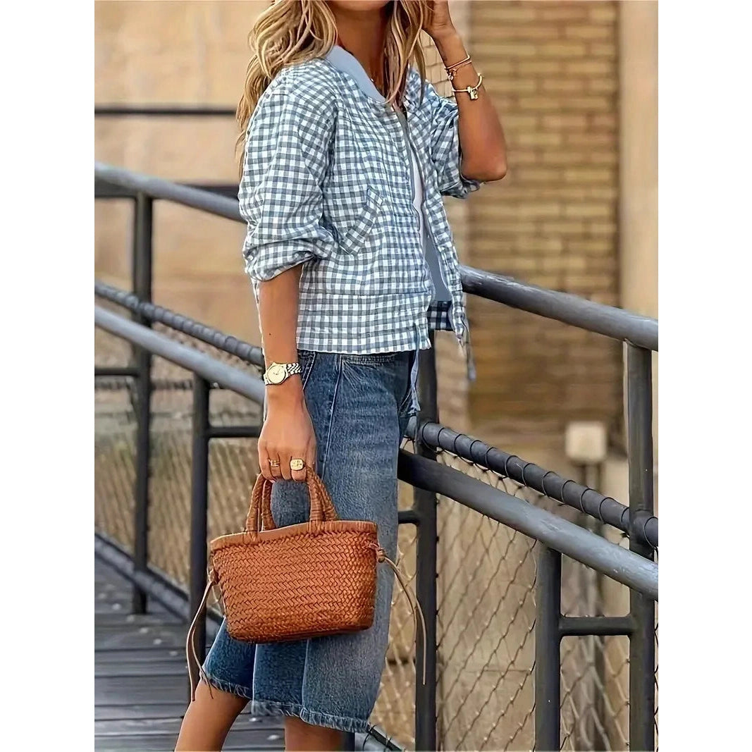 Sheryn Blue Plaid Zip Up Baseball Jacket