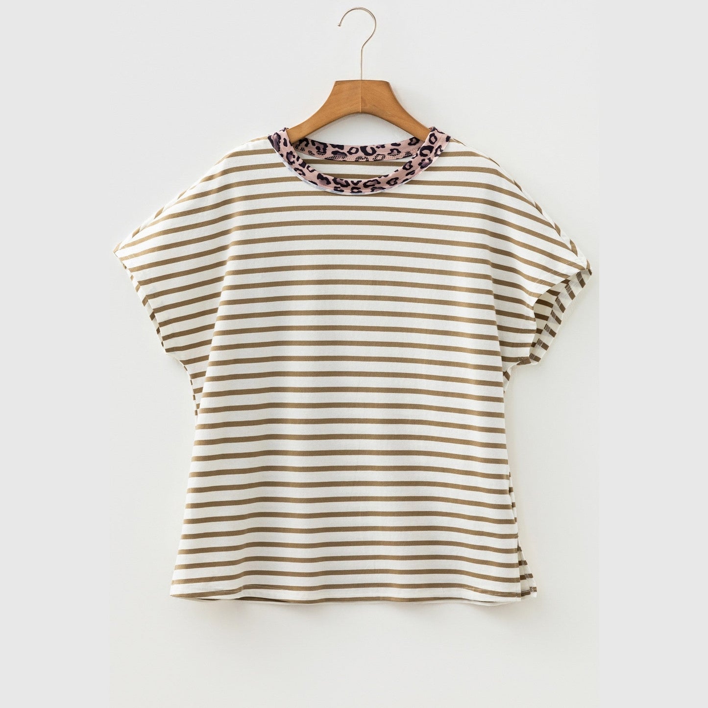 Sharma Khaki Stripe Leopard Patchwork Round Neck Loose T Shirt