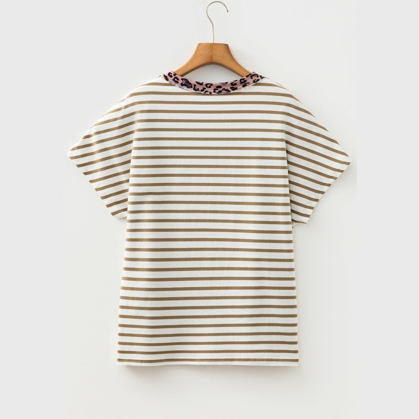 Sharma Khaki Stripe Leopard Patchwork Round Neck Loose T Shirt
