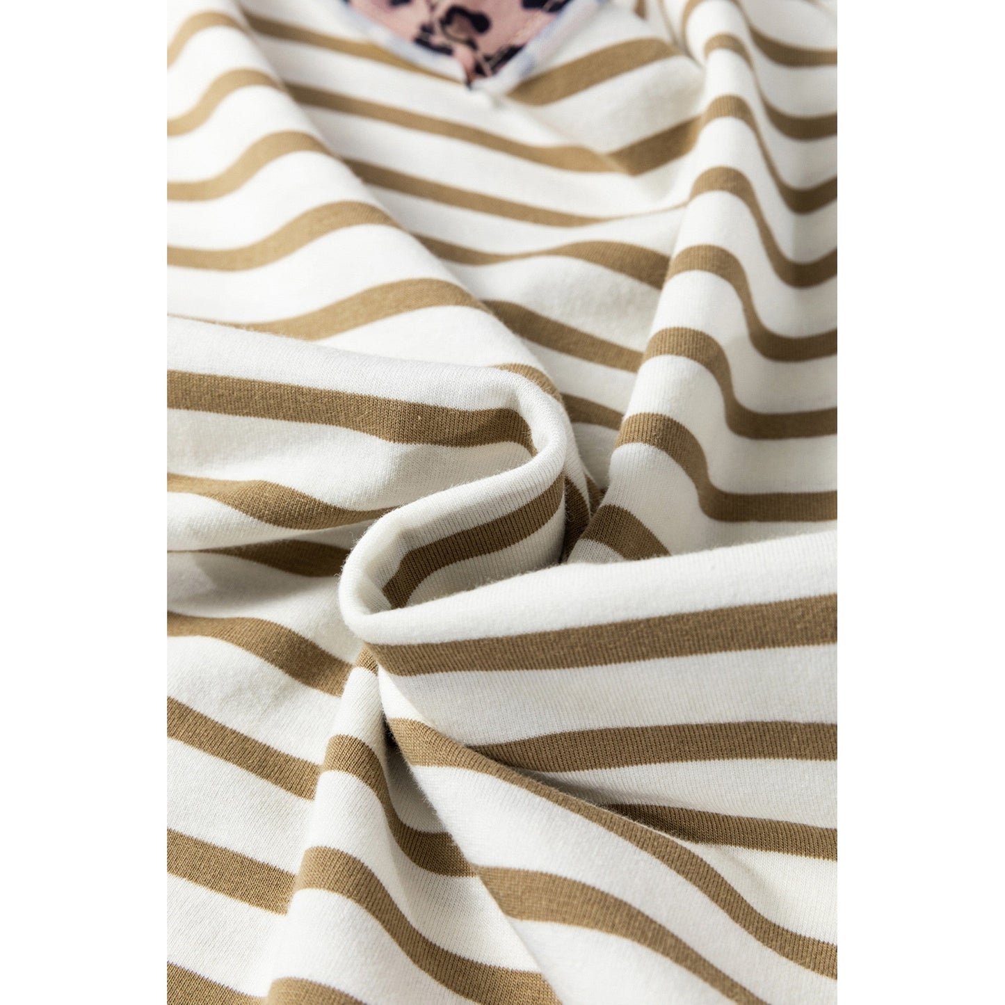 Sharma Khaki Stripe Leopard Patchwork Round Neck Loose T Shirt