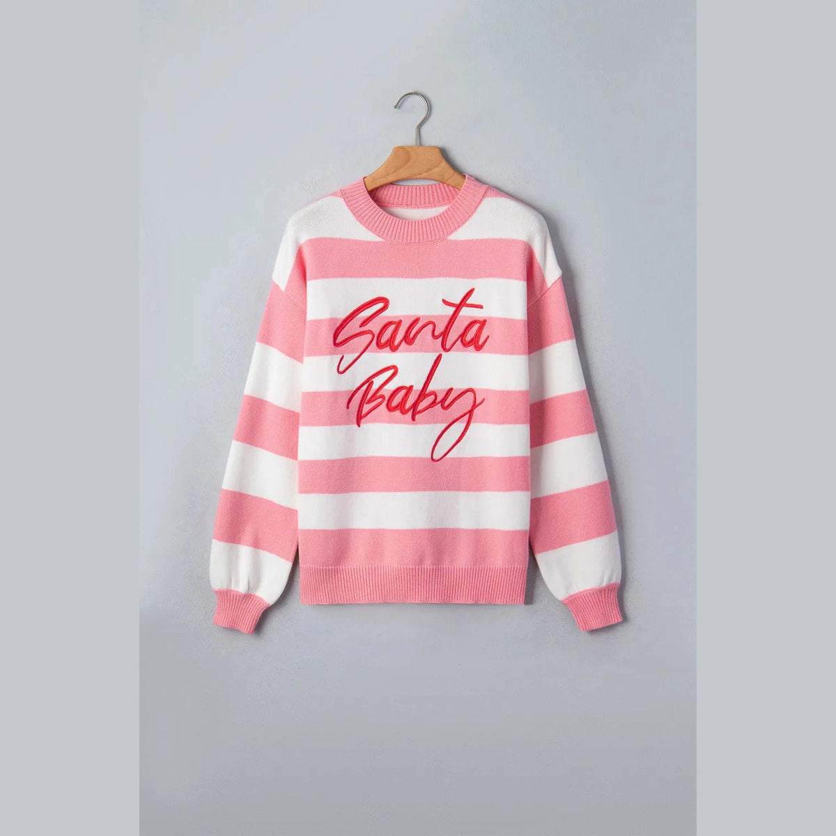 Pink Stripe Santa Baby Embroidered Drop Shoulder Pullover Sweater