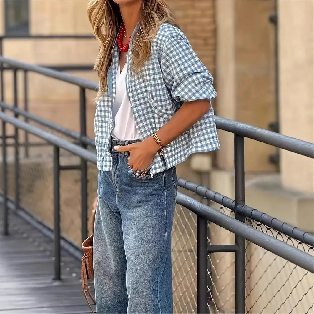 Sheryn Blue Plaid Zip Up Baseball Jacket