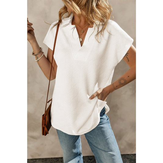 Sabrina White Textured V Neck Collared Short Sleeve Top