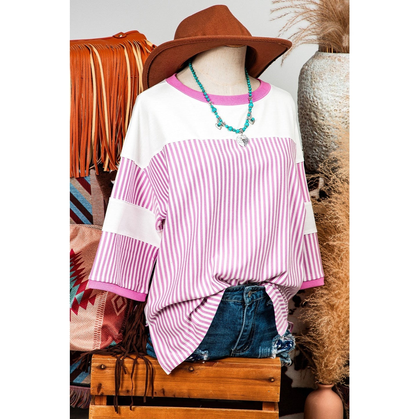 Sachi Striped Patchwork 3/4 Sleeve Oversize Top - S to 3X