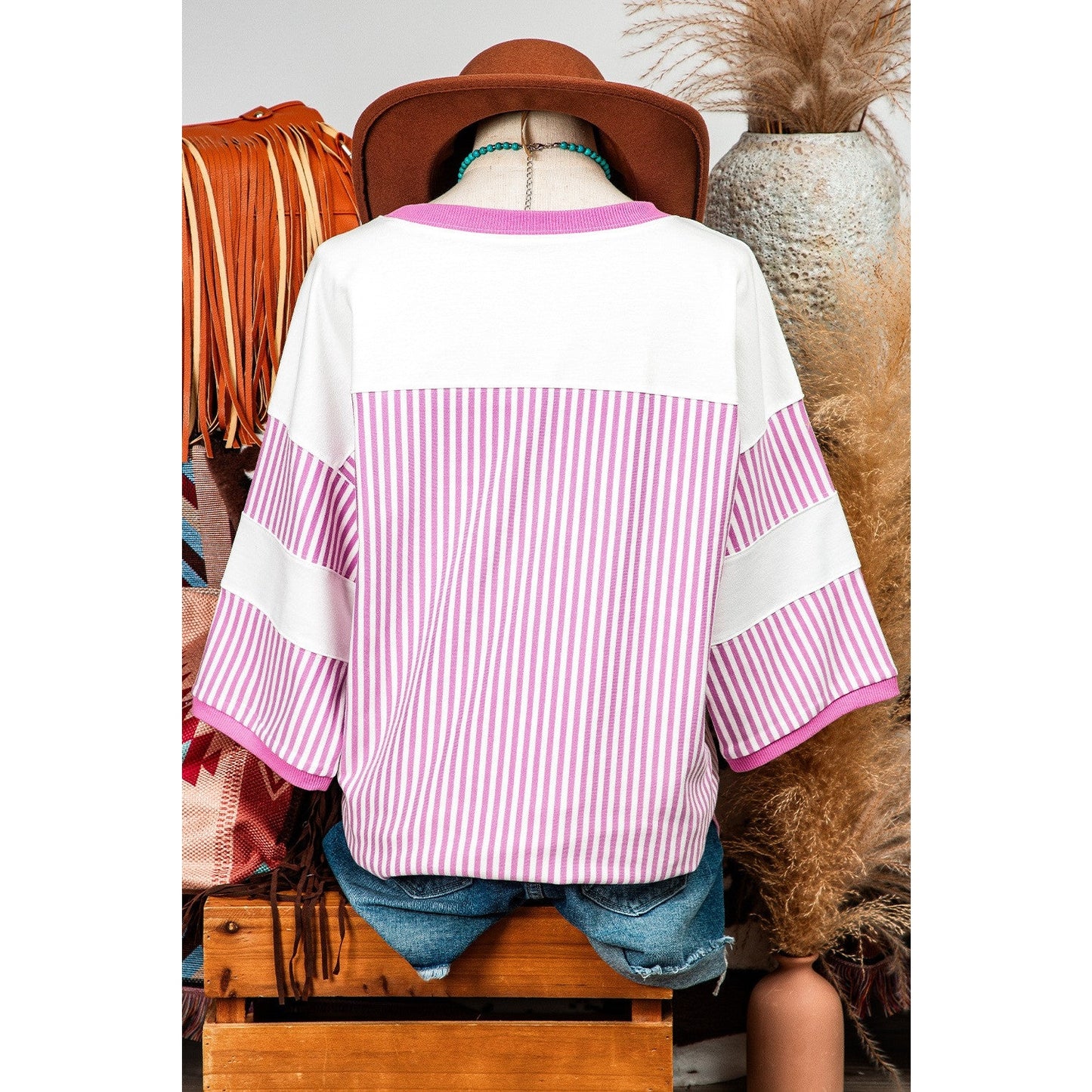 Sachi Striped Patchwork 3/4 Sleeve Oversize Top - S to 3X