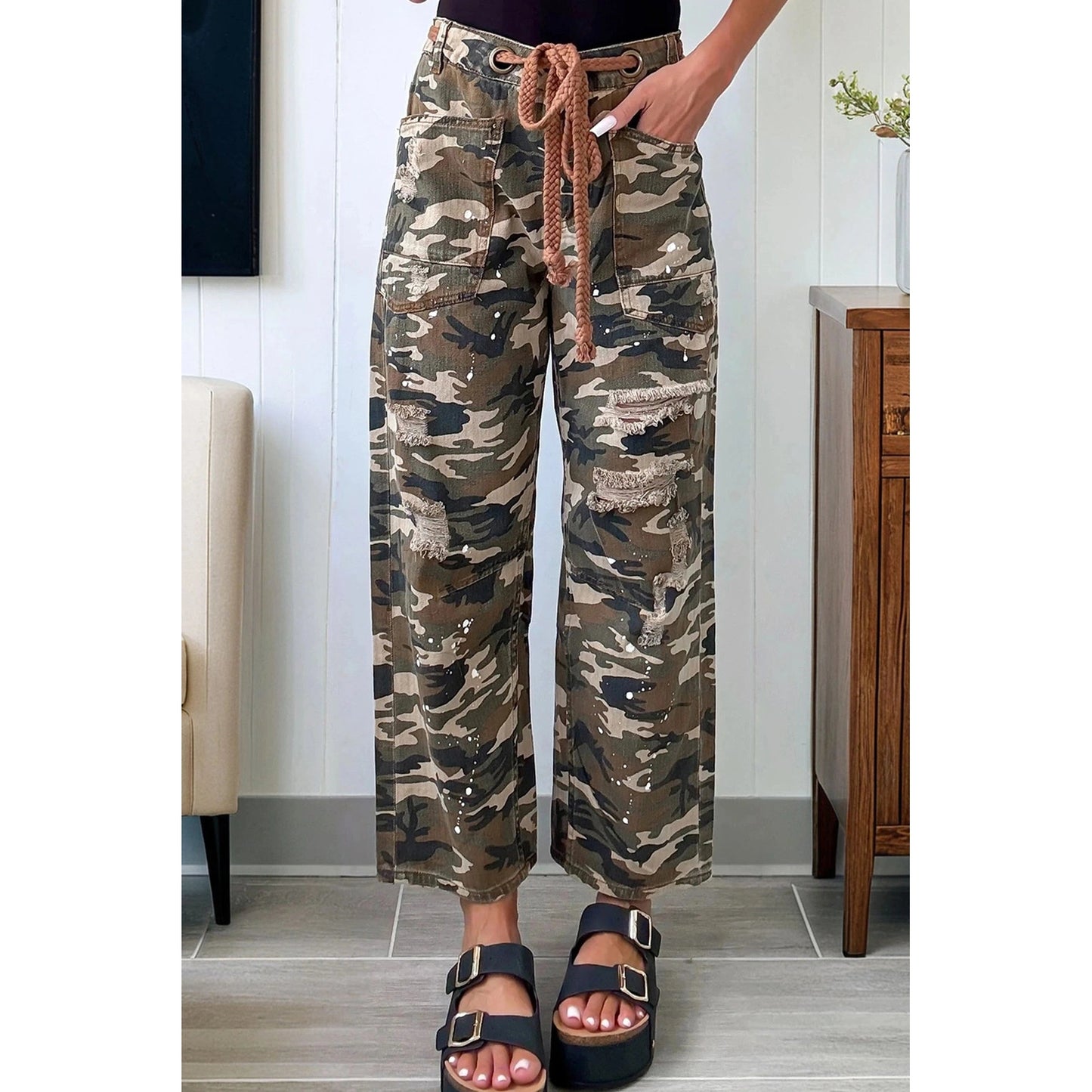 Salee Green Camouflage Print Splashed Distressed Loose Denim Pants
