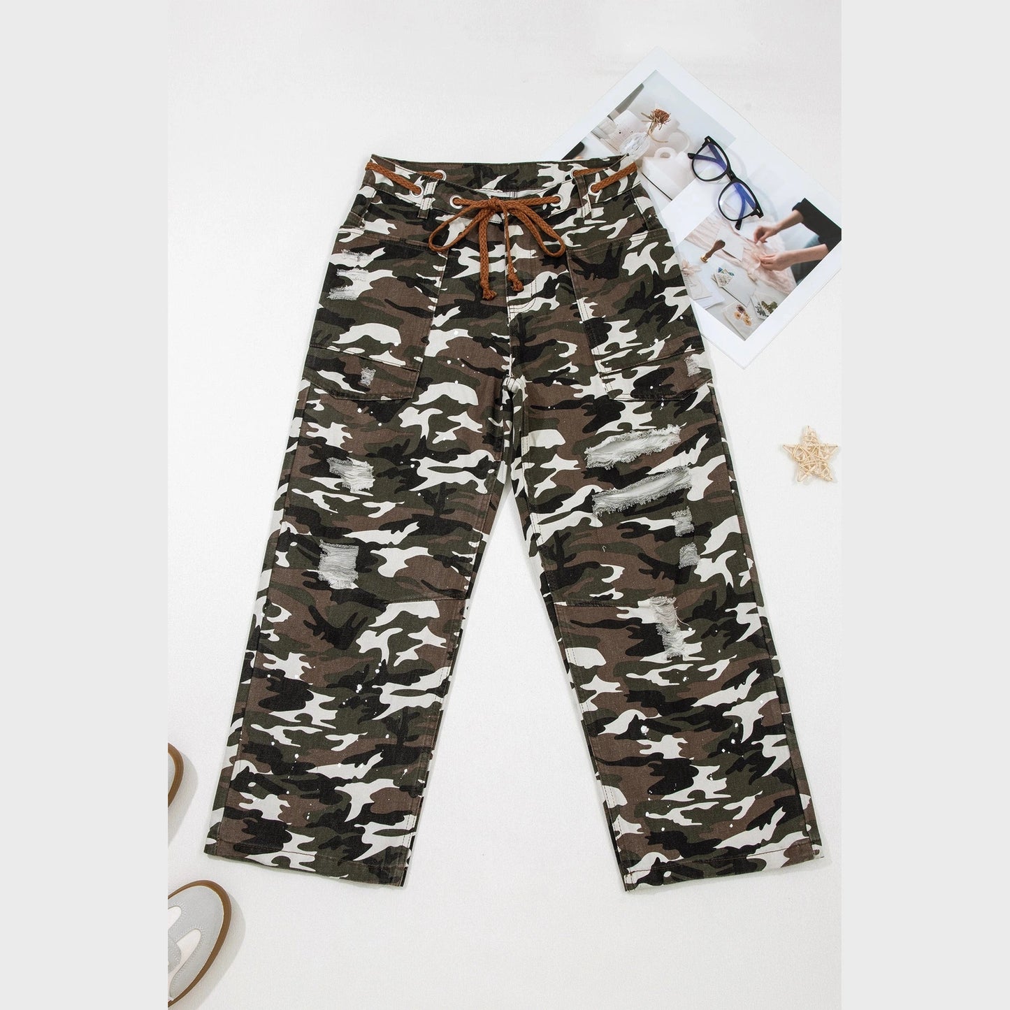 Salee Green Camouflage Print Splashed Distressed Loose Denim Pants