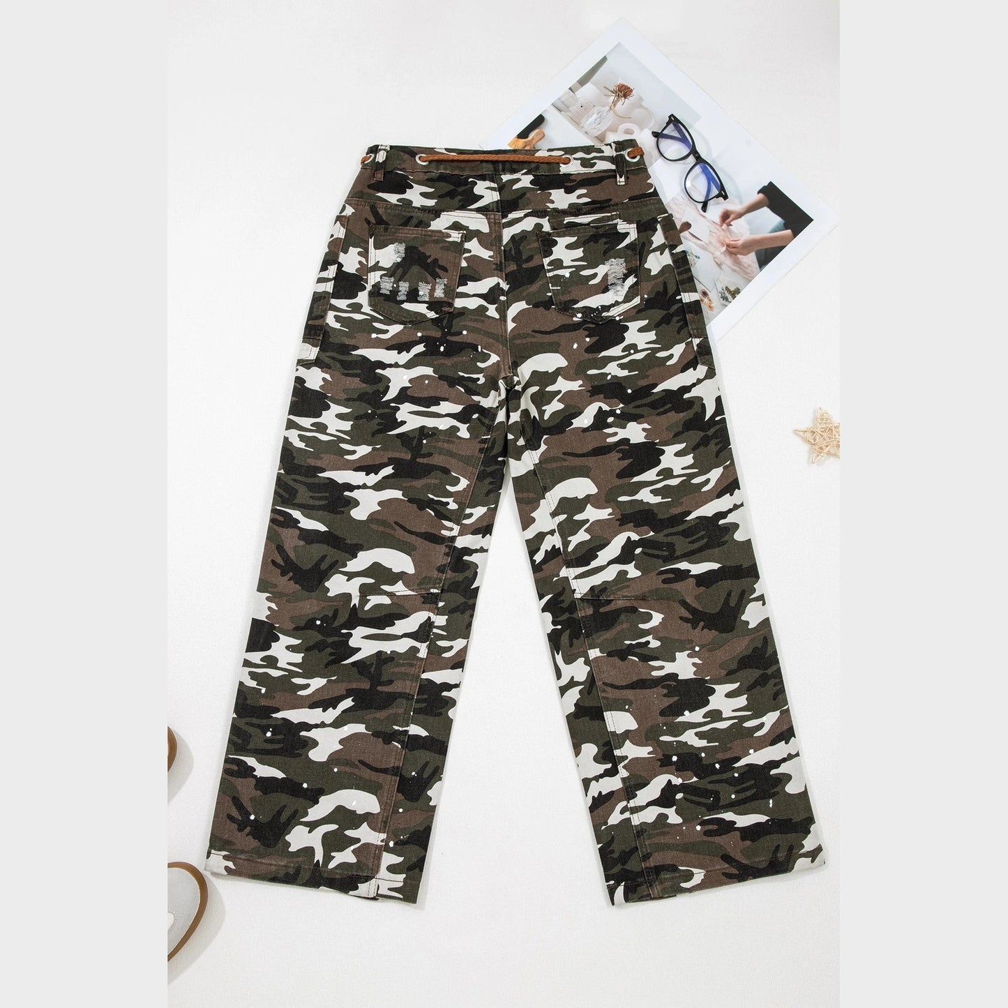 Salee Green Camouflage Print Splashed Distressed Loose Denim Pants