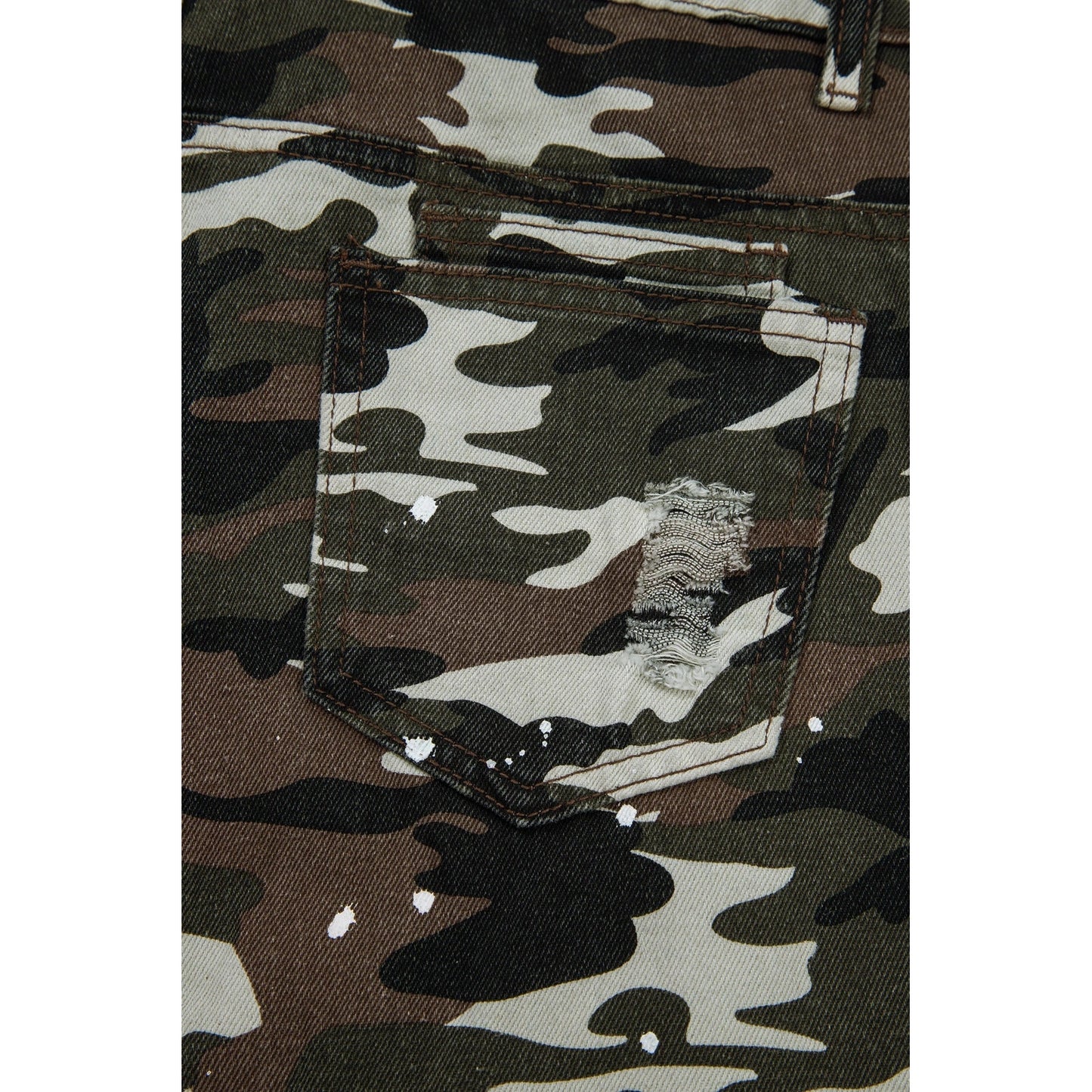 Salee Green Camouflage Print Splashed Distressed Loose Denim Pants