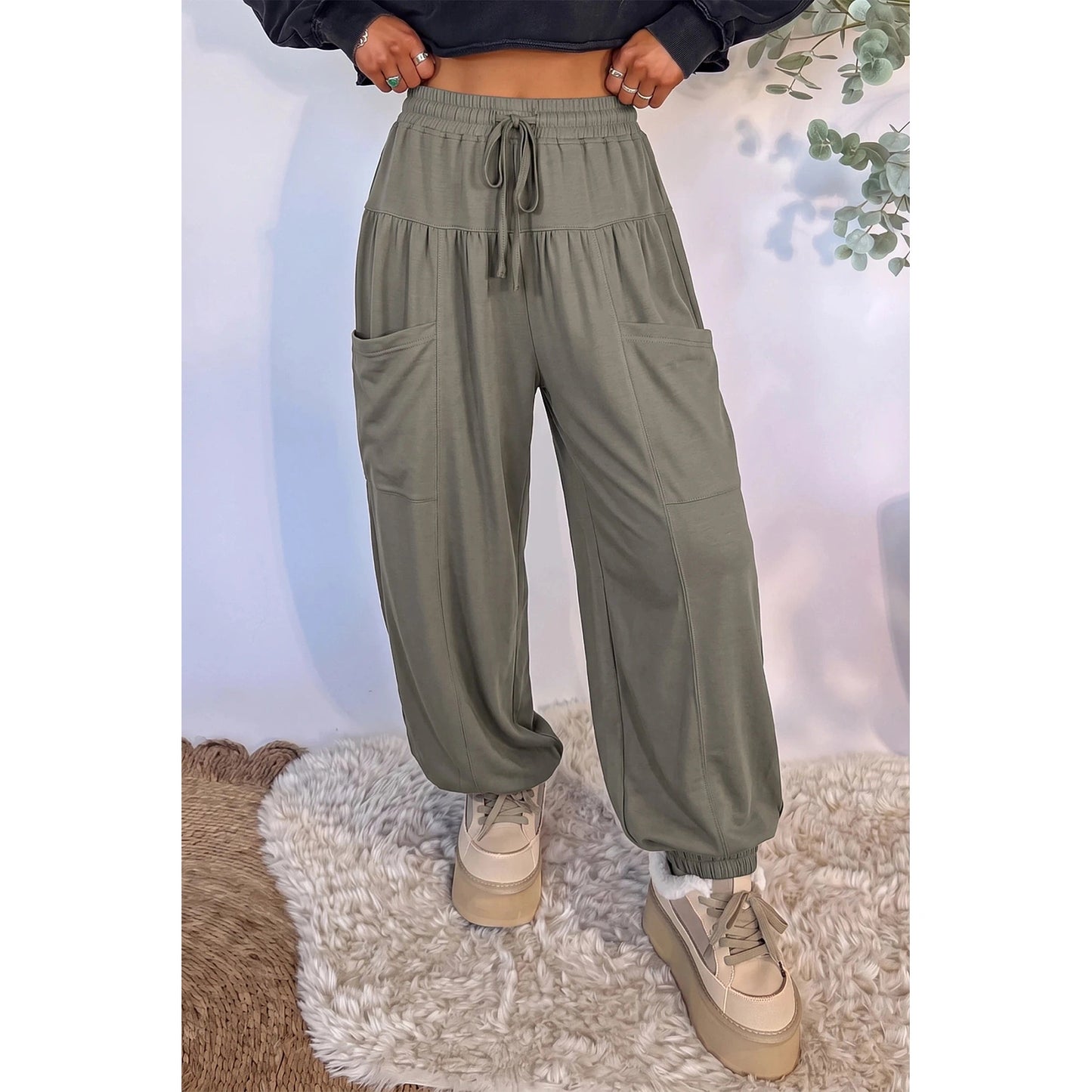 Salina Seagrass Elastic Waist Drawstring Wide Leg Full Length Pants