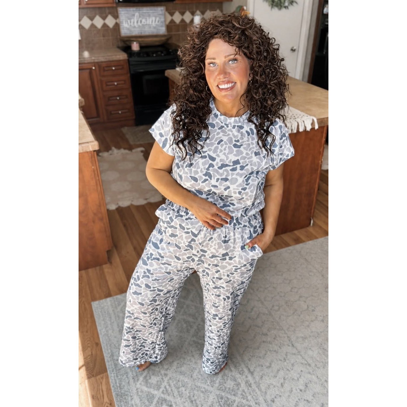 Sally Camouflage Print Twisted Rib Loose Tee Drawstring Pants Set