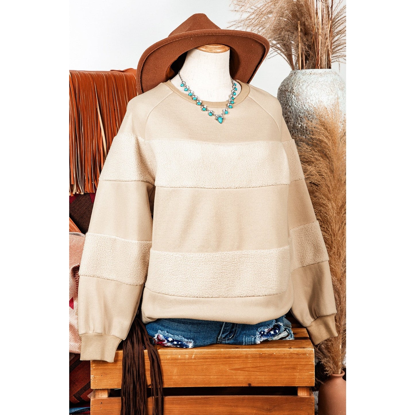 Salma Oatmeal Contrast 2-tone Patchwork Raglan Sleeve Sweatshirt