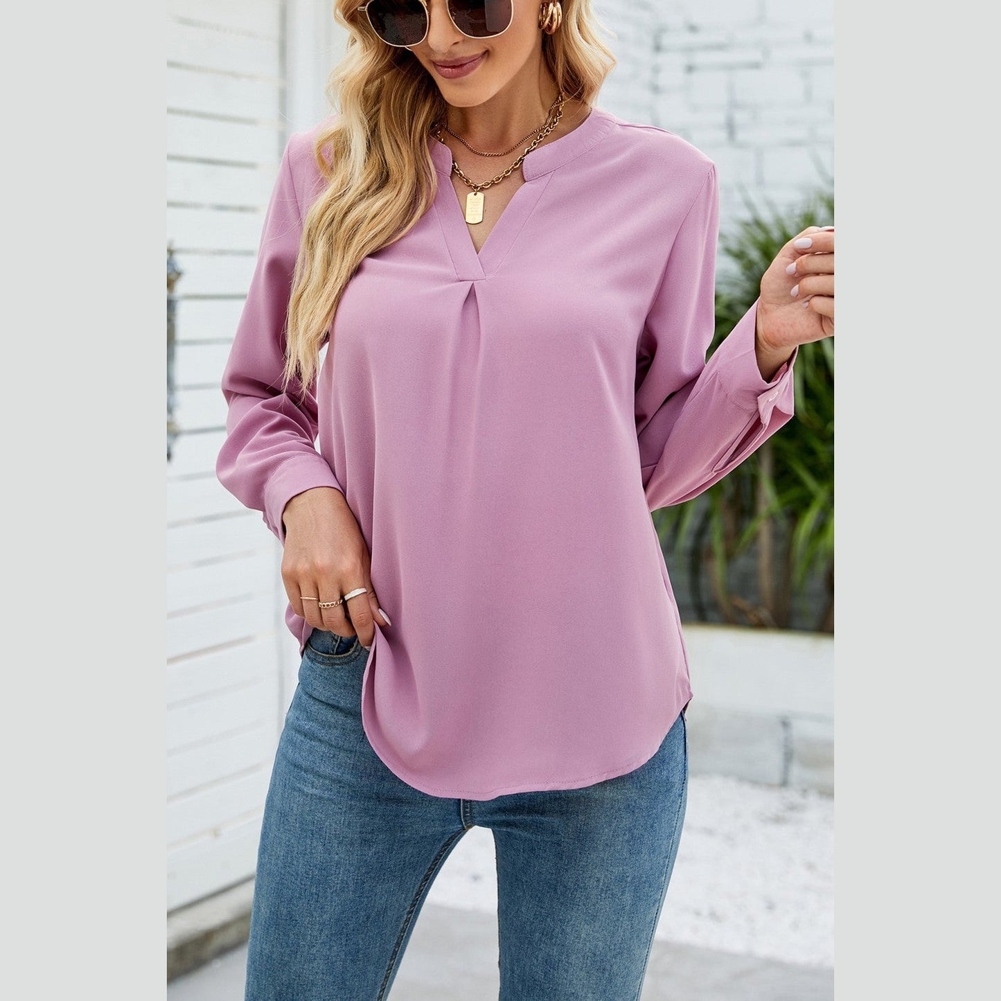 Sam Pink V-neck Loose Fit Long Sleeve Blouse