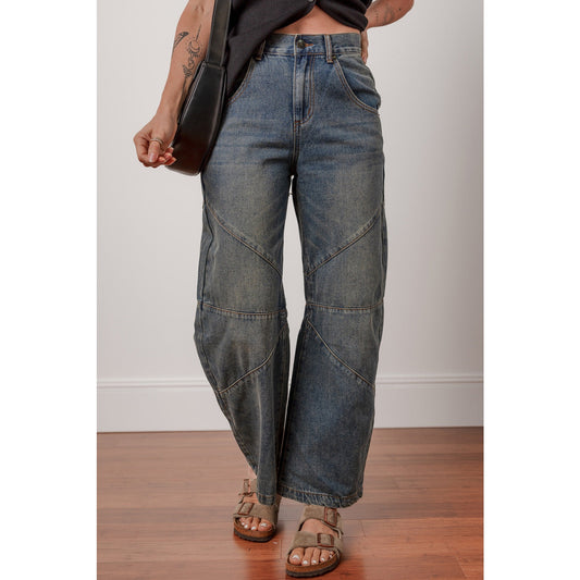 Samantha Exposed Stitching Loose Straight High Waist Jeans