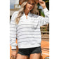 Samara White Zip V Neck Casual Stripe Print Drop Shoulder Long Sleeve Top