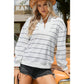 Samara White Zip V Neck Casual Stripe Print Drop Shoulder Long Sleeve Top