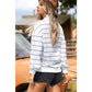 Samara White Zip V Neck Casual Stripe Print Drop Shoulder Long Sleeve Top
