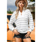 Samara White Zip V Neck Casual Stripe Print Drop Shoulder Long Sleeve Top