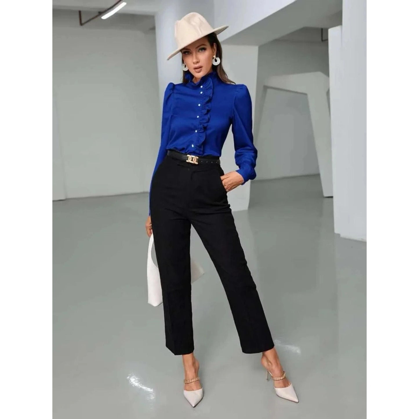 Samia Blue Ruffle Front Stand Collar Blouse