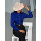 Samia Blue Ruffle Front Stand Collar Blouse