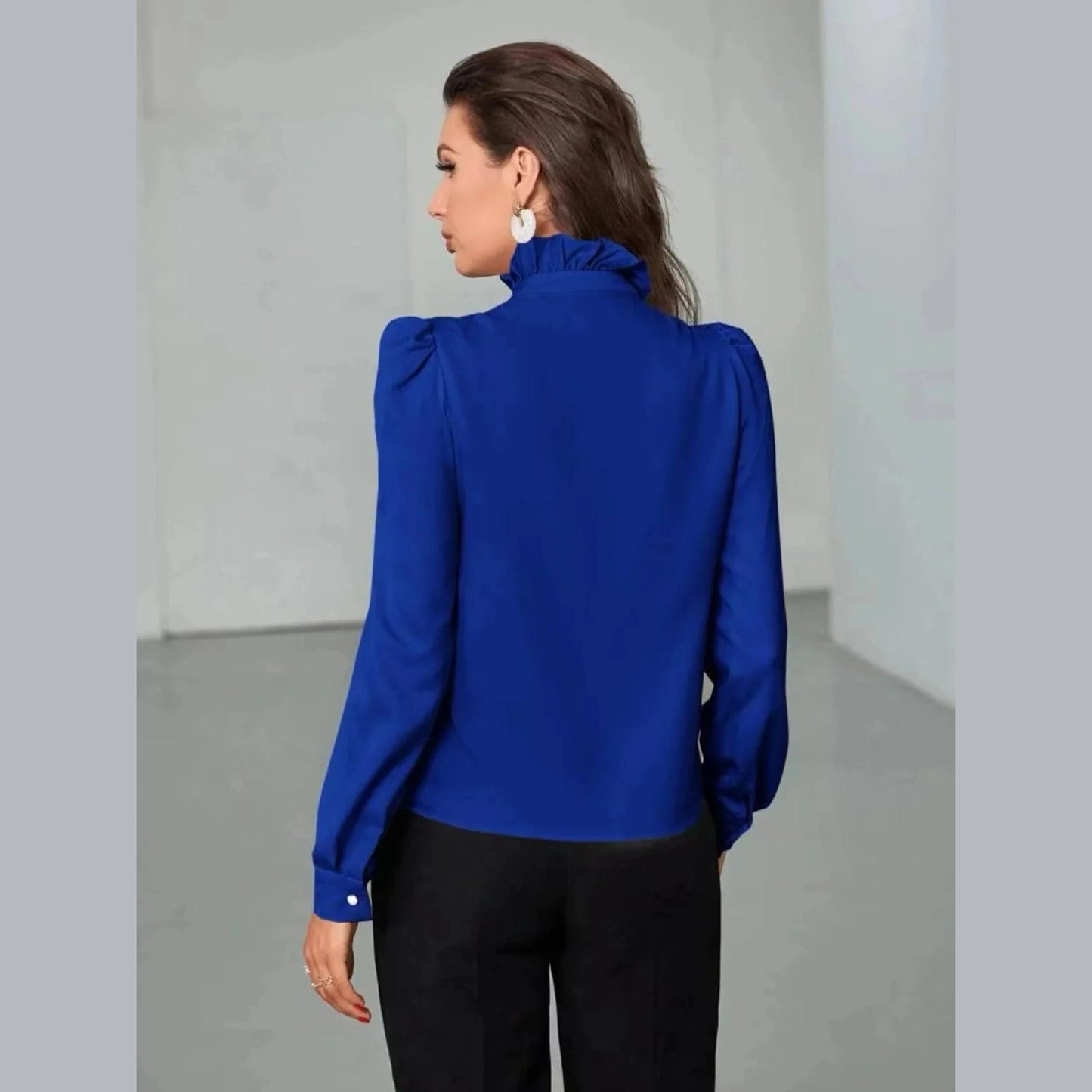 Samia Blue Ruffle Front Stand Collar Blouse