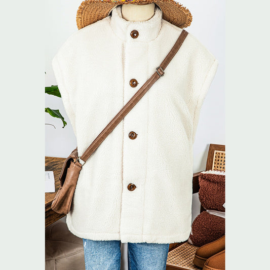 Sandi Off White Sherpa Stand Collar Jacket Vest