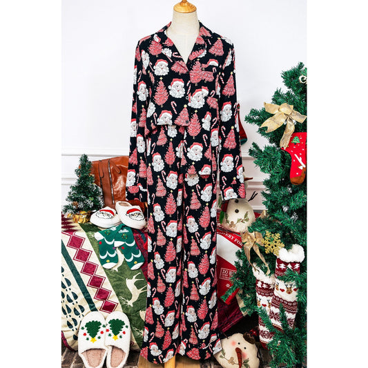 Santa Printed Two Piece Black Pajama Set