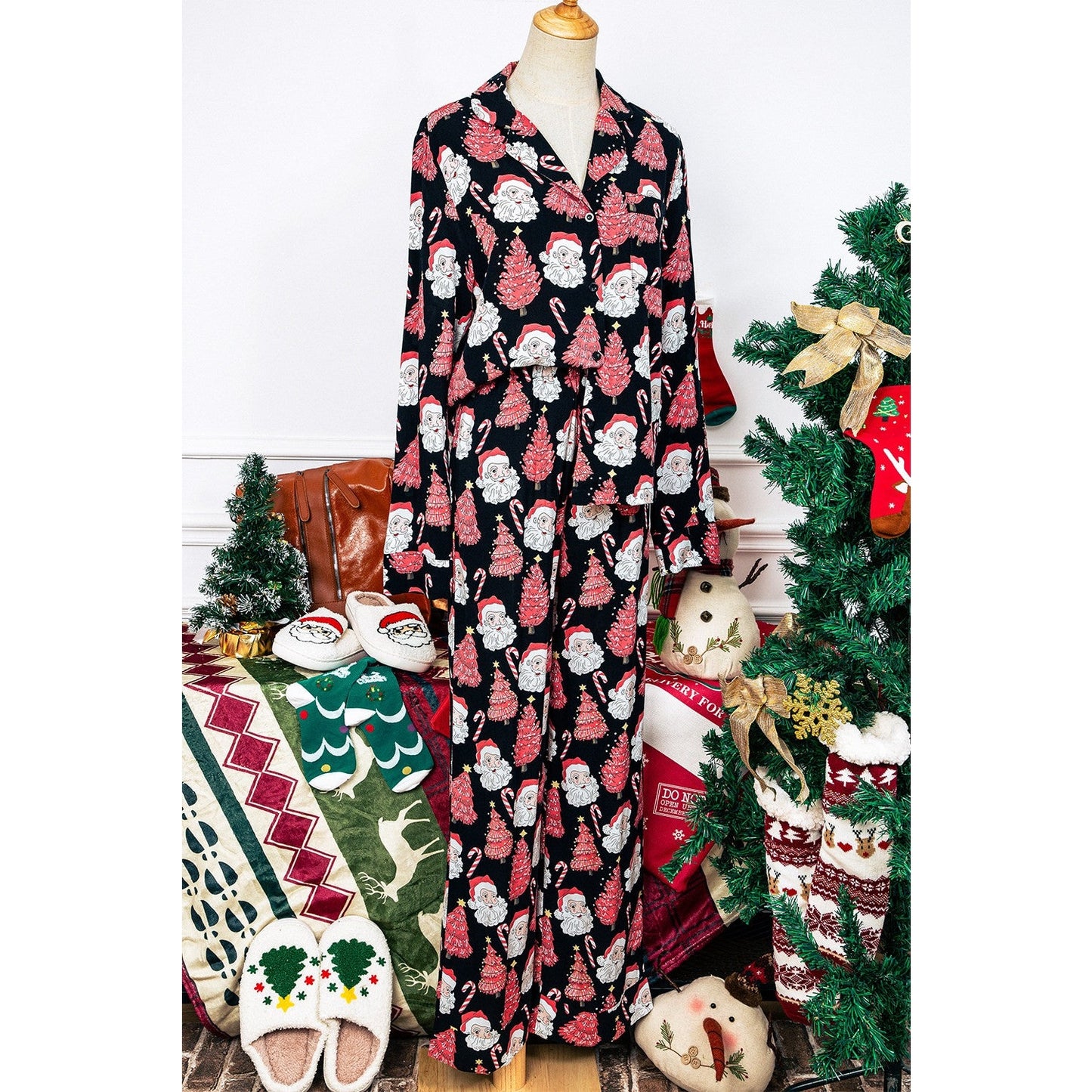 Santa Printed Two Piece Black Pajama Set