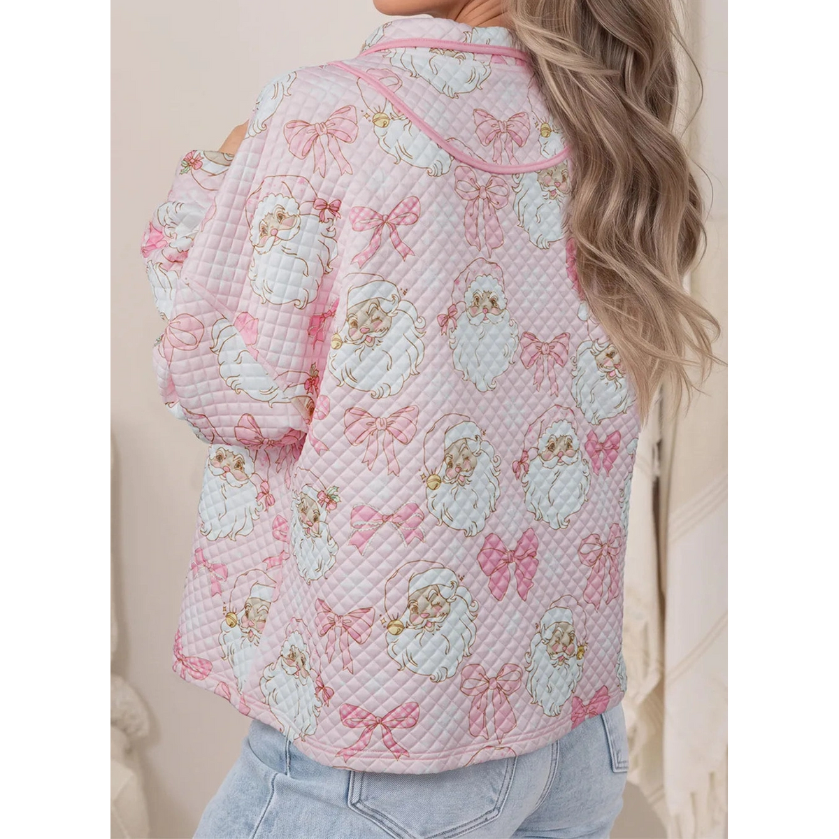 Pink Abstract Christmas Print Zip-Up Collar Long Sleeve Sweatshirt