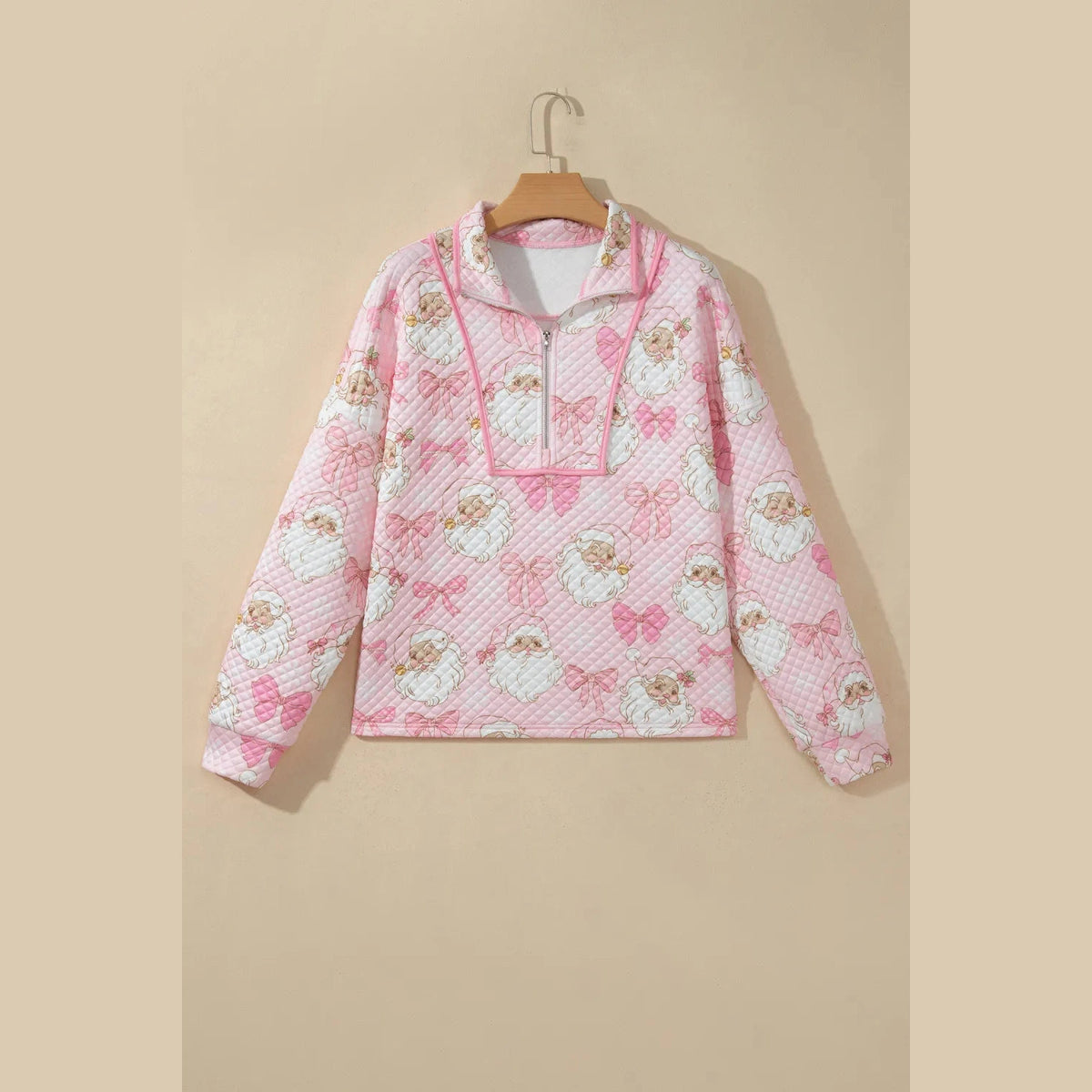 Pink Abstract Christmas Print Zip-Up Collar Long Sleeve Sweatshirt