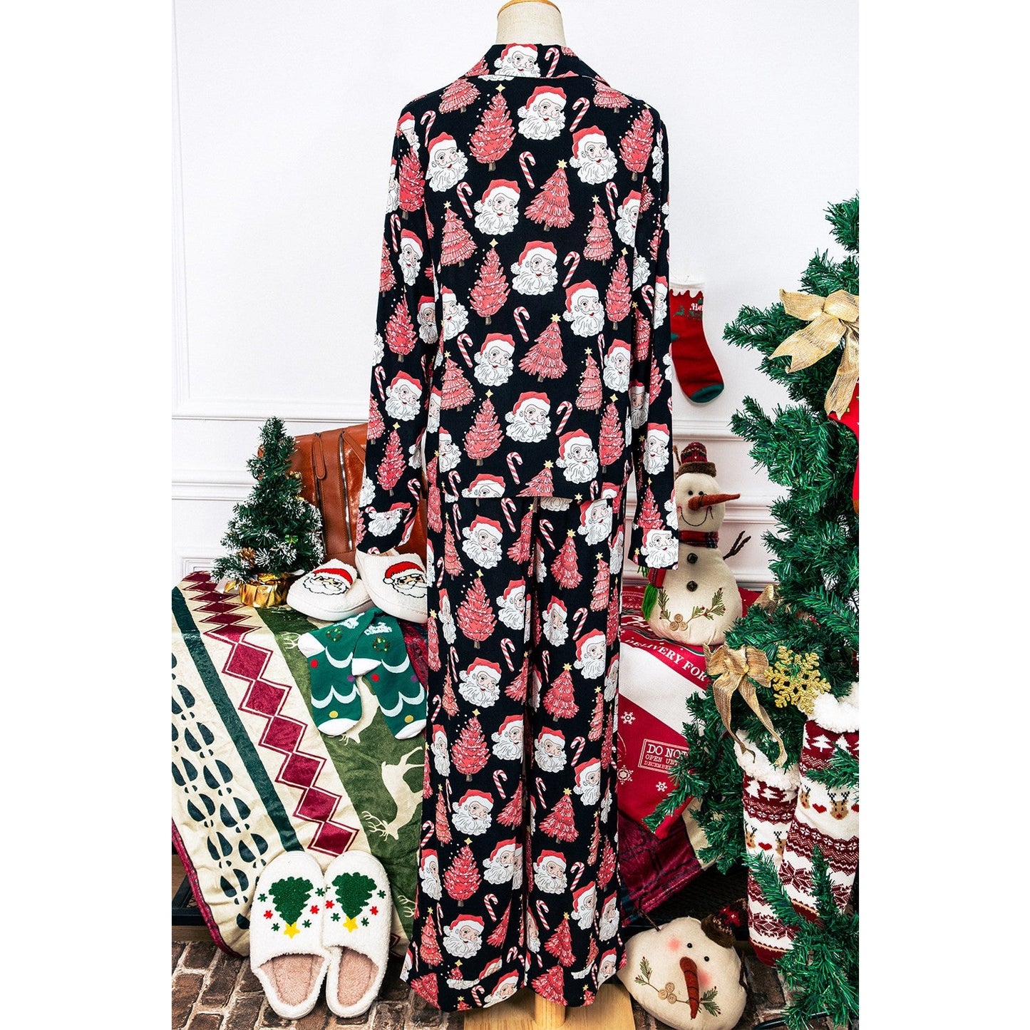 Santa Printed Two Piece Black Pajama Set