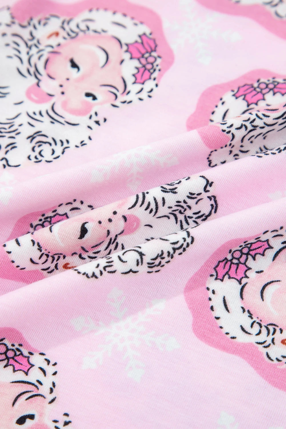Pink Santa Claus Print V Neck Tee Drawstring Pants 2pcs Lounge Set
