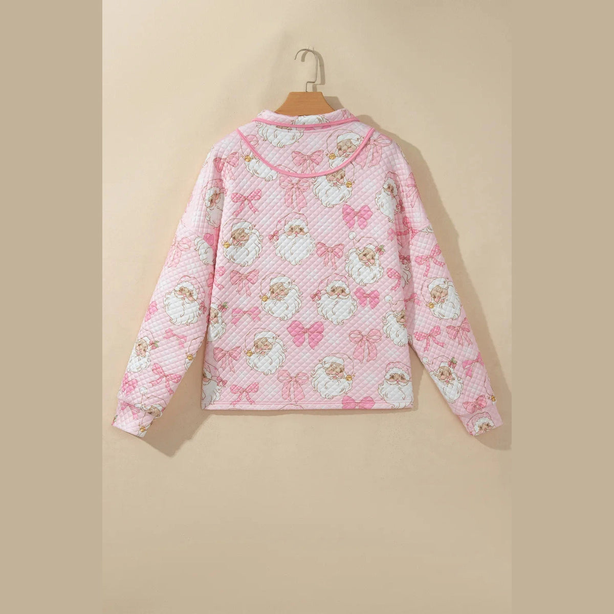 Pink Abstract Christmas Print Zip-Up Collar Long Sleeve Sweatshirt