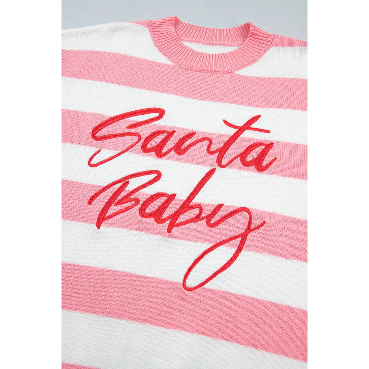 Pink Stripe Santa Baby Embroidered Drop Shoulder Pullover Sweater