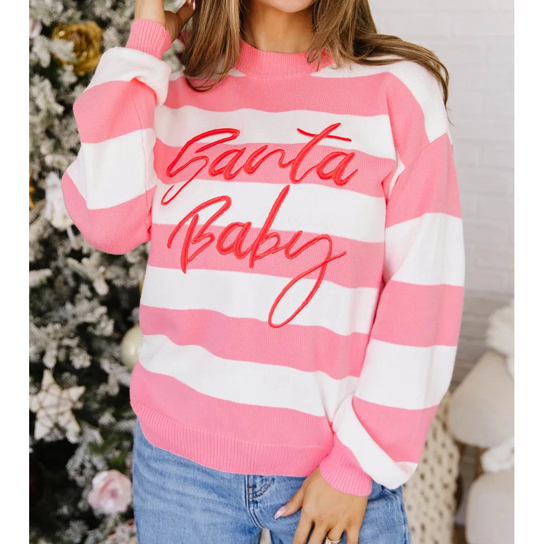 Pink Stripe Santa Baby Embroidered Drop Shoulder Pullover Sweater