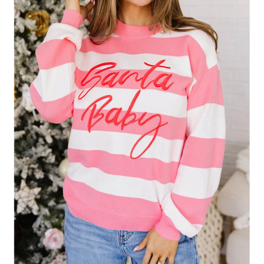 Pink Stripe Santa Baby Embroidered Drop Shoulder Pullover Sweater