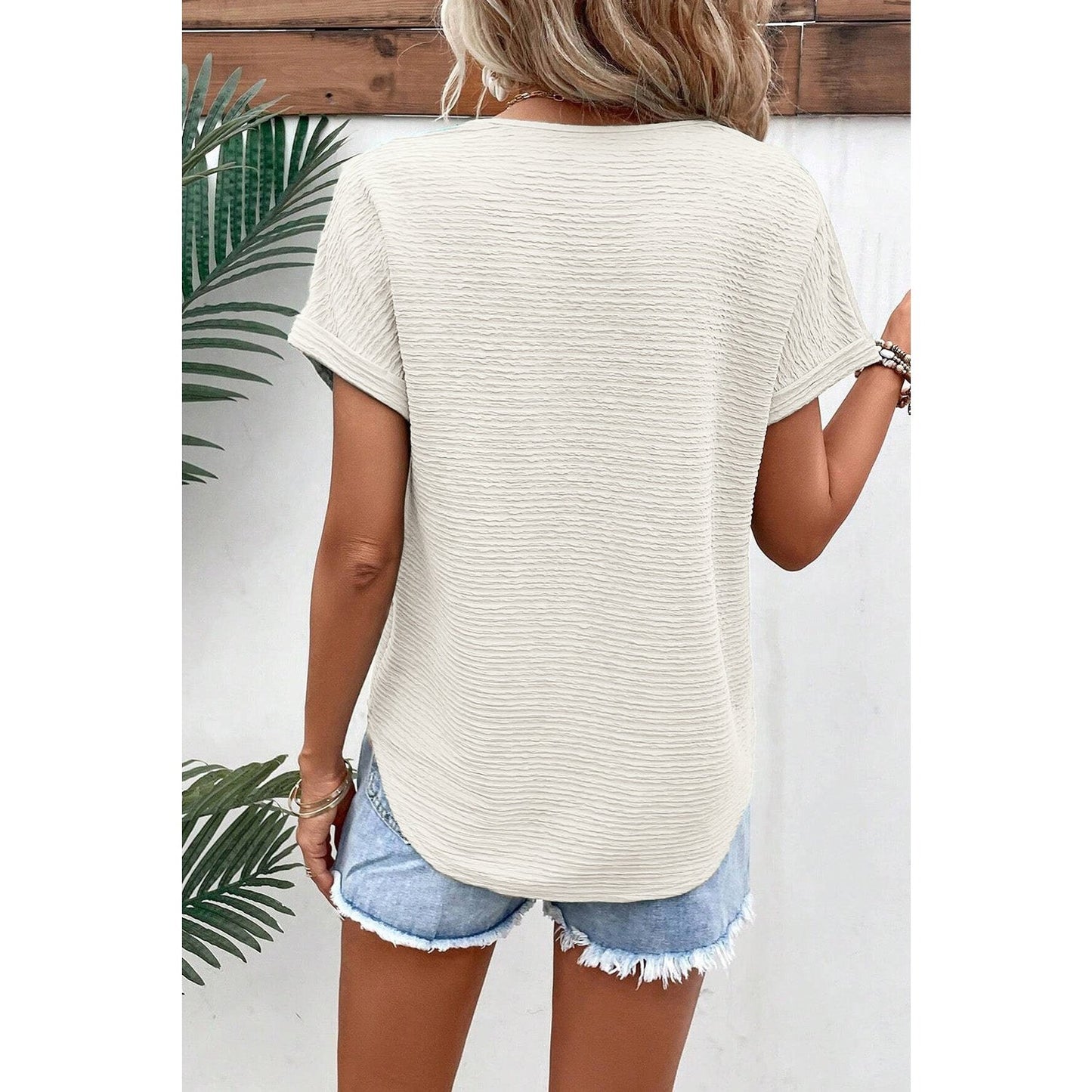 Sarafina Pale Khaki Textured Wide Sleeve V Neck T Shirt